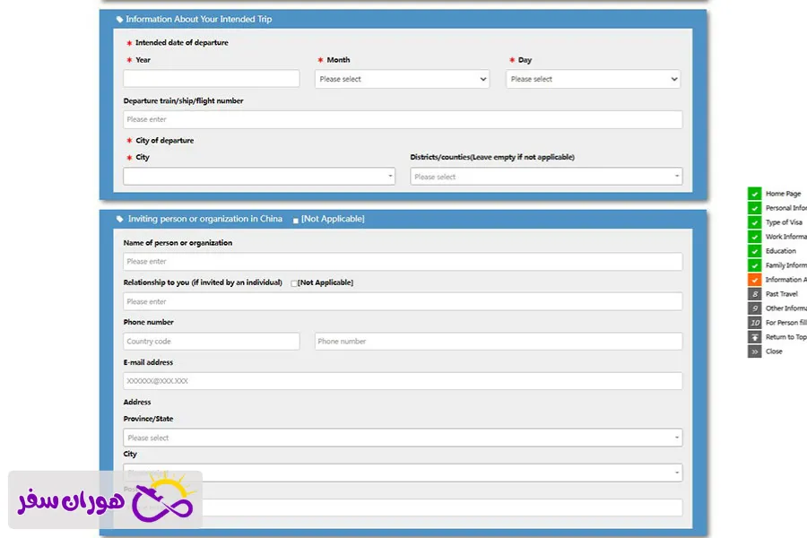 اطلاعات سفر در فرم ویزای چین