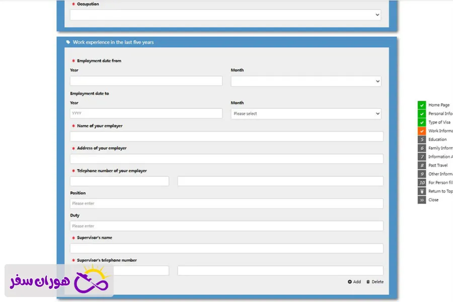 اطلاعات شغلی در فرم ویزای چین